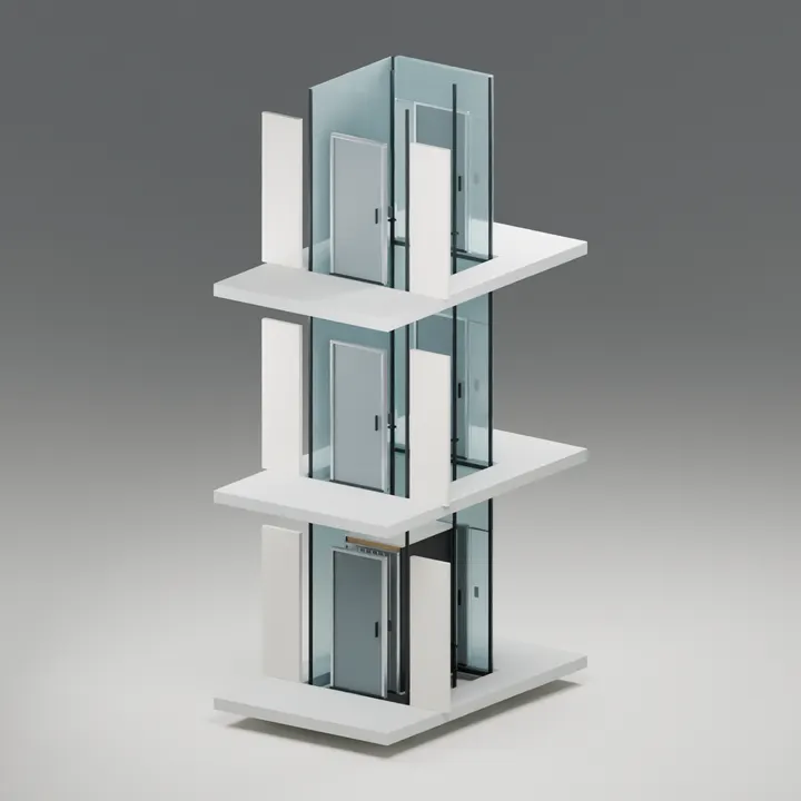 3D cutaway of a three-stop glass home elevator with a landing door at each floor